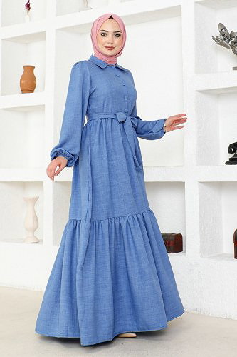 moda selvim Belt Detailed Dress HBS3025 Indigo - Thumbnail