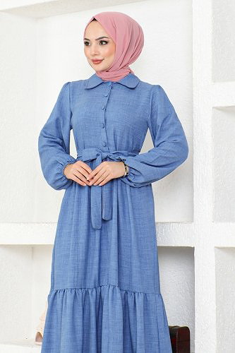 moda selvim Belt Detailed Dress HBS3025 Indigo - Thumbnail
