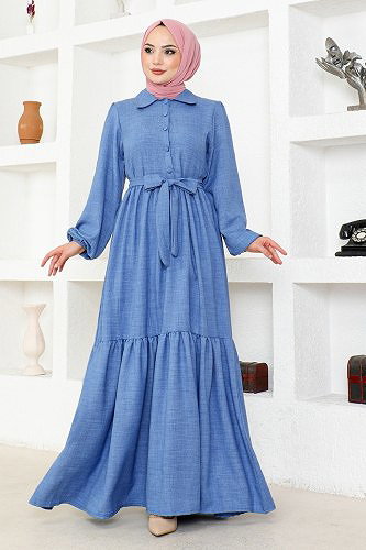 moda selvim فستان مفصل بحزام نيلي HBS3025 - Thumbnail