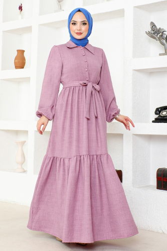 moda selvim Belt Detailed Dress HBS3025 Lilac - Thumbnail