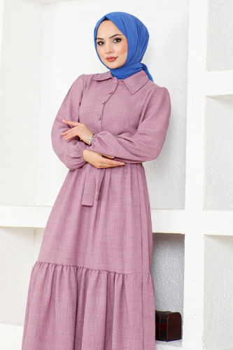 moda selvim Belt Detailed Dress HBS3025 Lilac - Thumbnail