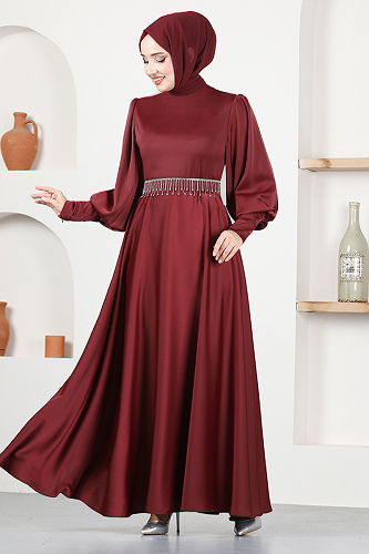 moda selvim Belt Detailed Satin Evening Dress MSL5987-M Burgundy - Thumbnail