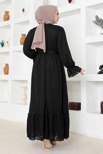 moda selvim Belted Aerobin Dress HBS9120-M Black - Thumbnail