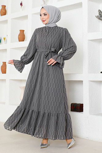 moda selvim الفستانHBS9120-M الرمادي - Thumbnail