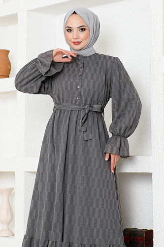 moda selvim الفستانHBS9120-M الرمادي - Thumbnail