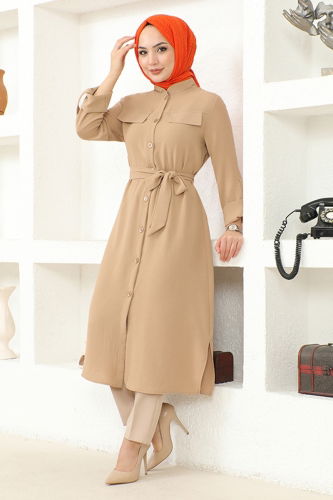 moda selvim Belted Aerobin Tunic MSL3056 Latte - Thumbnail