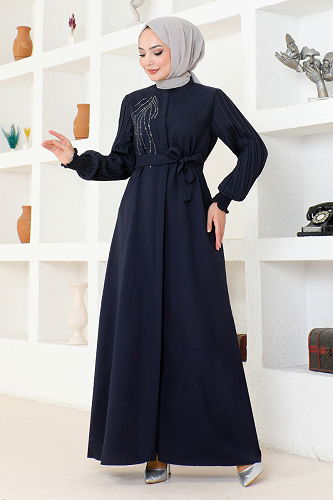 moda selvim Belted Crepe Abaya ASN172-M Laci - Thumbnail