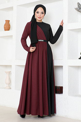 moda selvim Belted Double Color Dress ASM2685-M Burgundy - Thumbnail