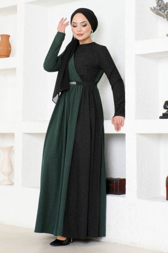 MRV A.S.M. - Belted Double Color Dress ASM2685-M Emerald