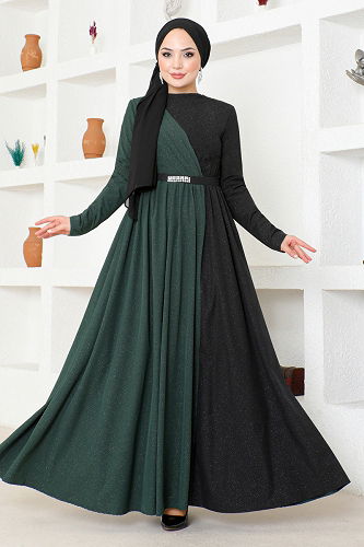moda selvim Belted Double Color Dress ASM2685-M Emerald - Thumbnail