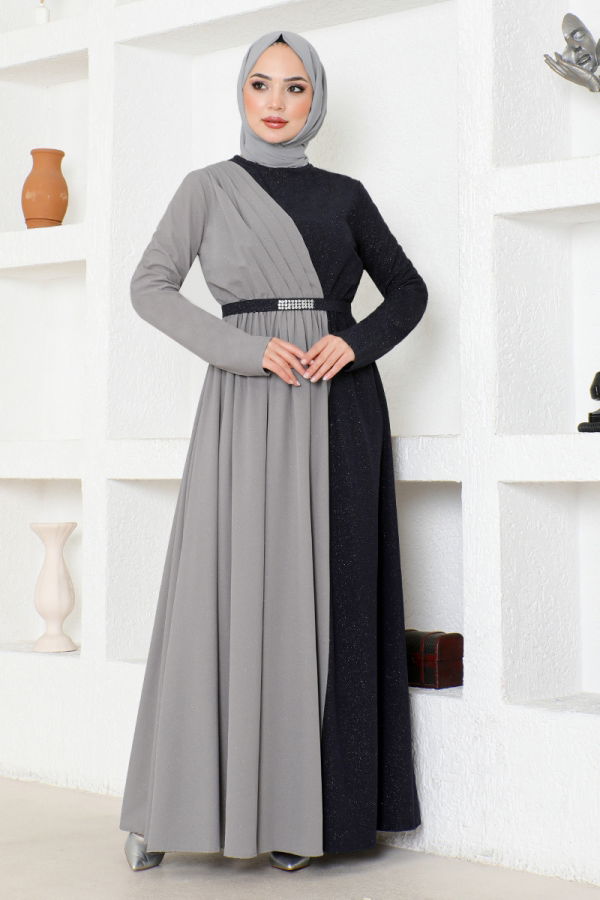 Modaselvim NET 20%+20% DISCOUNT IN THE CARD Belted Double Color Dress ASM2685-M Grey