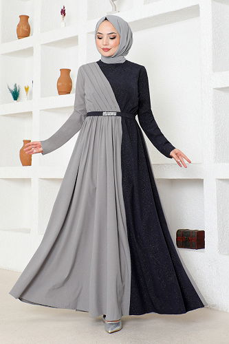 moda selvim Belted Double Color Dress ASM2685-M Grey - Thumbnail