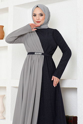 moda selvim Belted Double Color Dress ASM2685-M Grey - Thumbnail