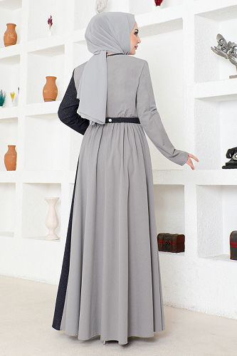 moda selvim Belted Double Color Dress ASM2685-M Grey - Thumbnail