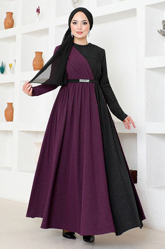 moda selvim Belted Double Color Dress ASM2685-M Purple - Thumbnail