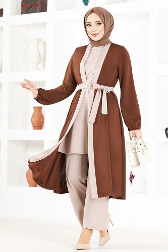 moda selvim Belted Double Set ASM2669-M Coffee - Thumbnail