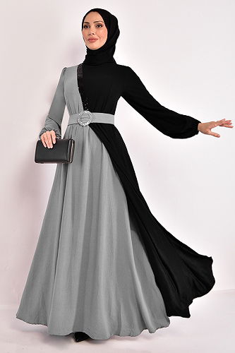 moda selvim Belted Hijab Dress ASM2549-M Dark Gray - Thumbnail