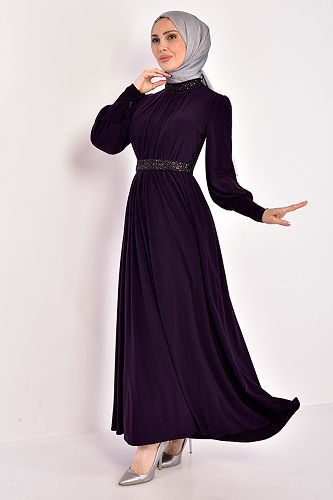 moda selvim Belted Hijab Dress ASM2596-M Purple - Thumbnail