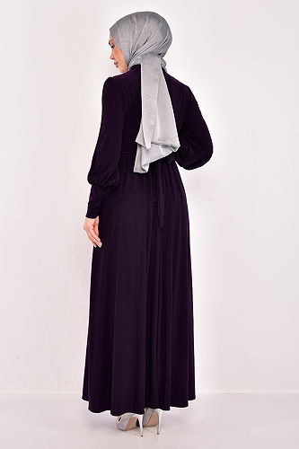 moda selvim Belted Hijab Dress ASM2596-M Purple - Thumbnail