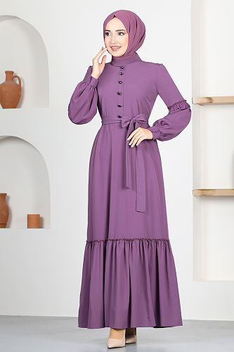 moda selvim Belted Hijab Dress ASM2665-M Dark Lilac - Thumbnail