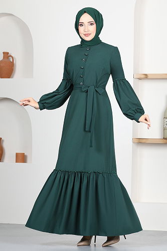 moda selvim Belted Hijab Dress ASM2665-M Emerald - Thumbnail