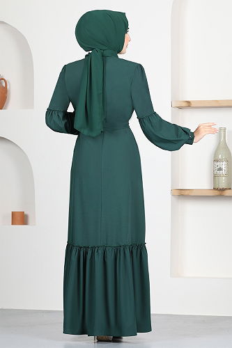 moda selvim Belted Hijab Dress ASM2665-M Emerald - Thumbnail