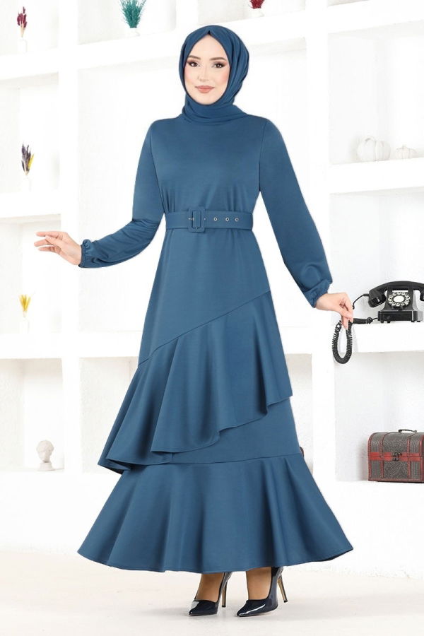 Modaselvim Dress Belted Hijab Dress MSL2020-M Indigo