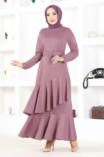 moda selvim Belted Hijab Dress MSL2020-M Rose Dry - Thumbnail