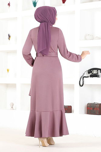 moda selvim Belted Hijab Dress MSL2020-M Rose Dry - Thumbnail