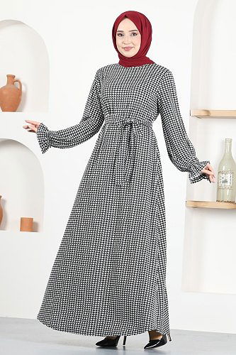 moda selvim Belted Hijab Dress MSL2060 Black - Thumbnail