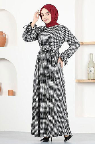 moda selvim Belted Hijab Dress MSL2060 Black - Thumbnail