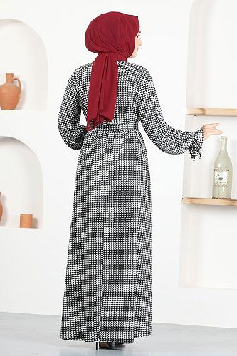 moda selvim Belted Hijab Dress MSL2060 Black - Thumbnail