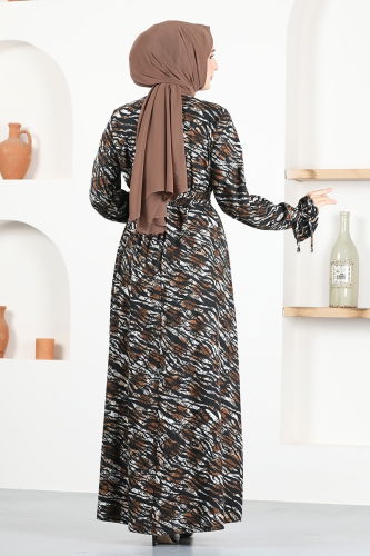 moda selvim Belted Hijab Dress MSL2060 Brown - Thumbnail