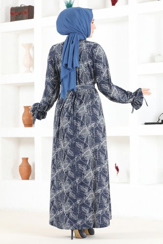 moda selvim Belted Hijab Dress MSL2060 Indigo - Thumbnail