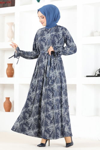 moda selvim Belted Hijab Dress MSL2060 Indigo - Thumbnail