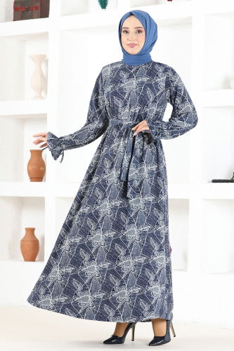 moda selvim Belted Hijab Dress MSL2060 Indigo - Thumbnail