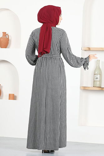 moda selvim Belted Hijab Dress MSL2060-M Black - Thumbnail