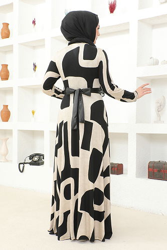 moda selvim Belted Hijab Dress VTN921-M Vision - Thumbnail