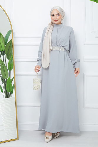 moda selvim Belted Hijab Evening Dresses EFS546-M Gray - Thumbnail