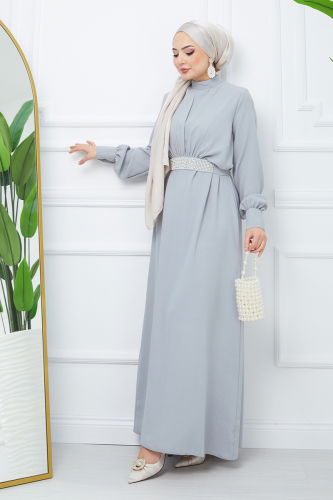 MRV E.F.S. - Belted Hijab Evening Dresses EFS546-M Gray