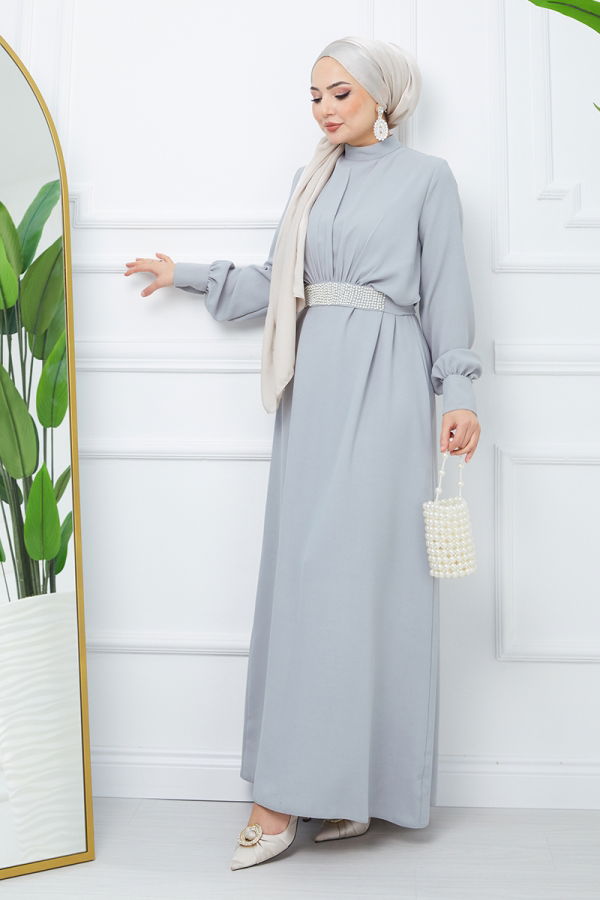 Modaselvim NET 20%+20% DISCOUNT IN THE CARD Belted Hijab Evening Dresses EFS546-M Gray