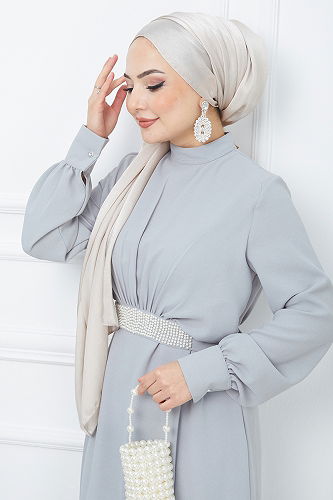 moda selvim Belted Hijab Evening Dresses EFS546-M Gray - Thumbnail