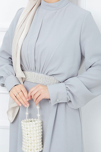 moda selvim Belted Hijab Evening Dresses EFS546-M Gray - Thumbnail