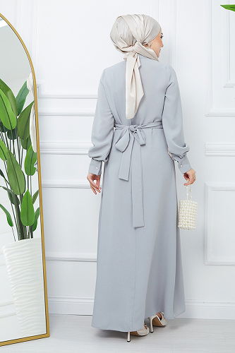 moda selvim Belted Hijab Evening Dresses EFS546-M Gray - Thumbnail