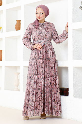 moda selvim Belted Lace Dress DMN4023-M Powder - Thumbnail