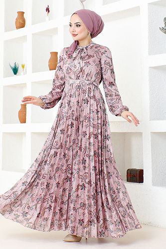 moda selvim Belted Lace Dress DMN4023-M Powder - Thumbnail