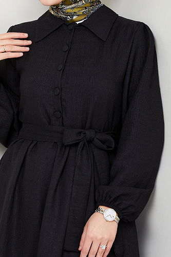 moda selvim Belted Linen Dress HBS3025-M Black - Thumbnail