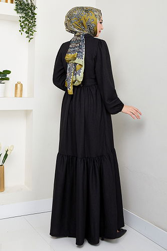 moda selvim Belted Linen Dress HBS3025-M Black - Thumbnail