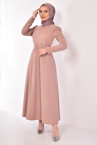 moda selvim Belted Pearl Dress ASM2614-M Vision - Thumbnail