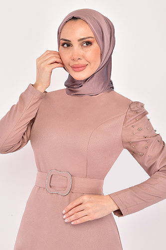 moda selvim Belted Pearl Dress ASM2614-M Vision - Thumbnail